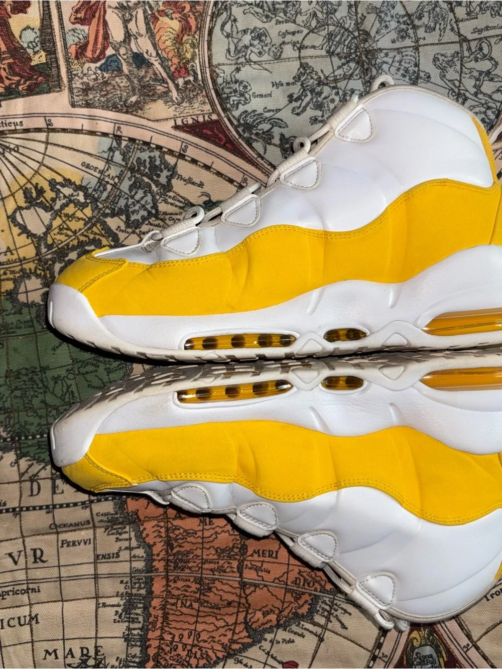 Nike  White and Yellow High-Top Sneakers with Purple Swoosh